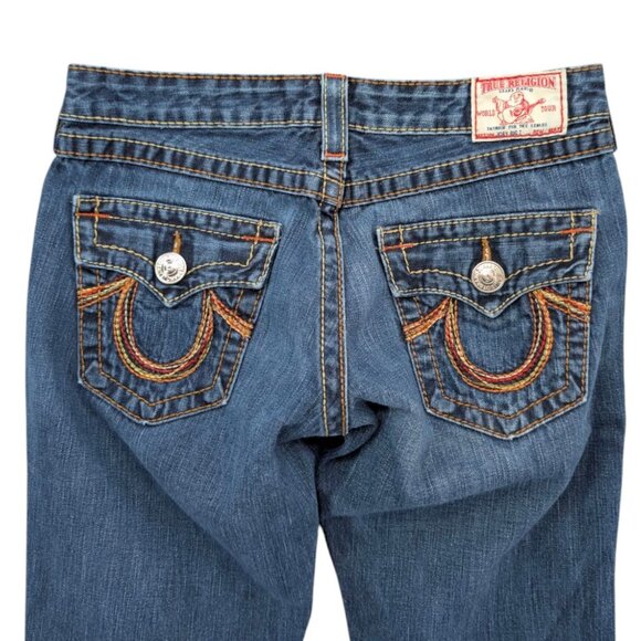 Vtg True Religion Rainbow Joey Flare Jeans Womens Blue Low Rise Big T Size 29 - Picture 4 of 11
